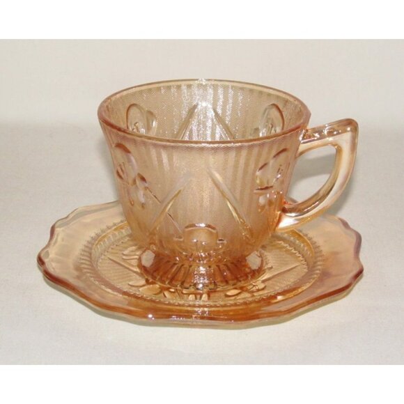 Jeannette Glass IRIS AND HERRINGBONE Marigold Iridescent Cup and Saucer Set - Picture 1 of 3